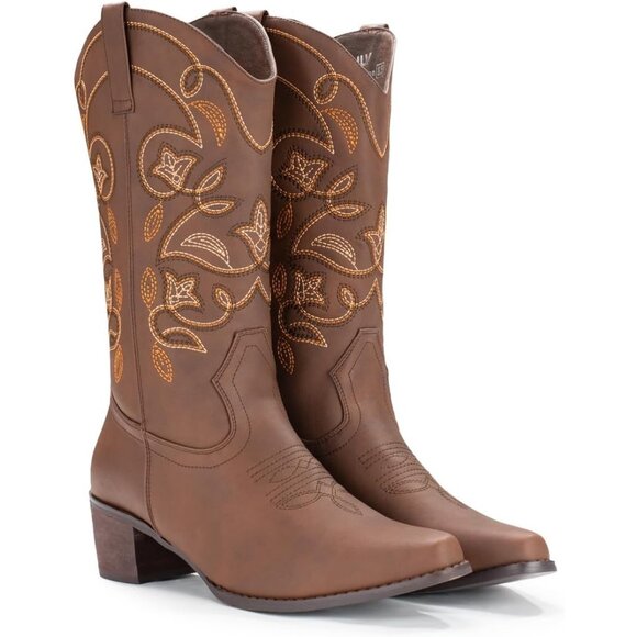 Iuv Cowboy Women Mid Calf Boote Brown Brown Not Water Resistant Pointy Toe - Picture 6 of 8